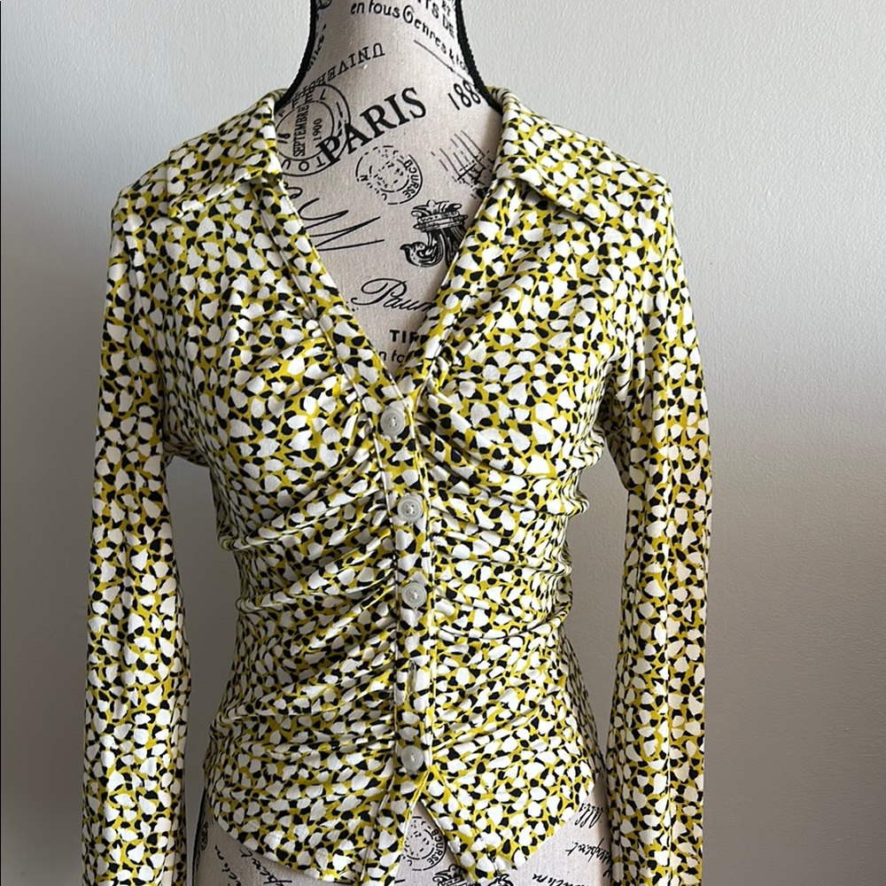 Yellow Button Down Shirt with Ruched Detail and Notched Collar